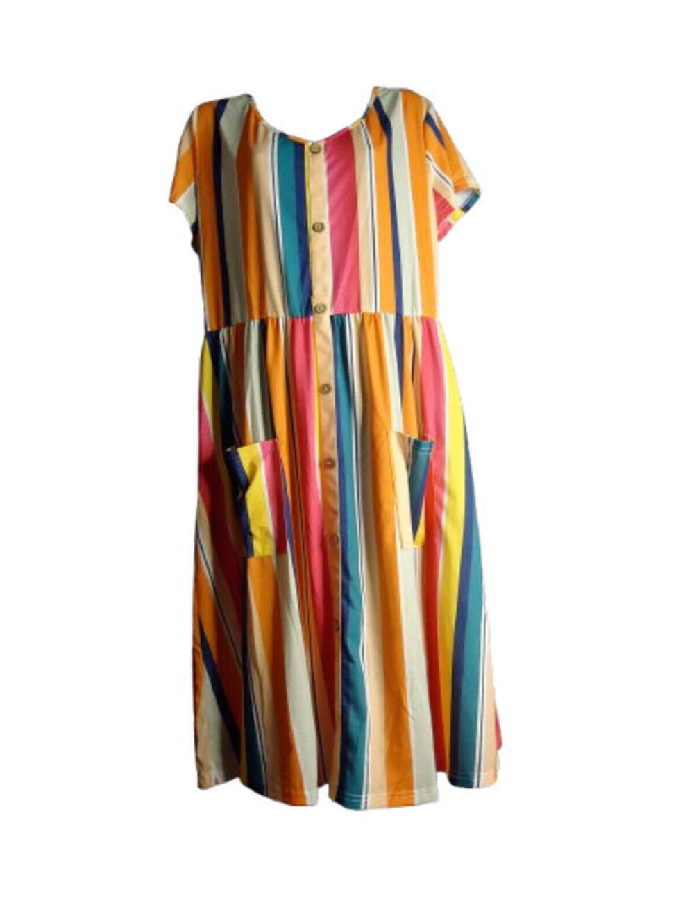 Ouges Short Sleeve Multicolored Vertical Stripe Faux Button Dress W/Pockets XXL